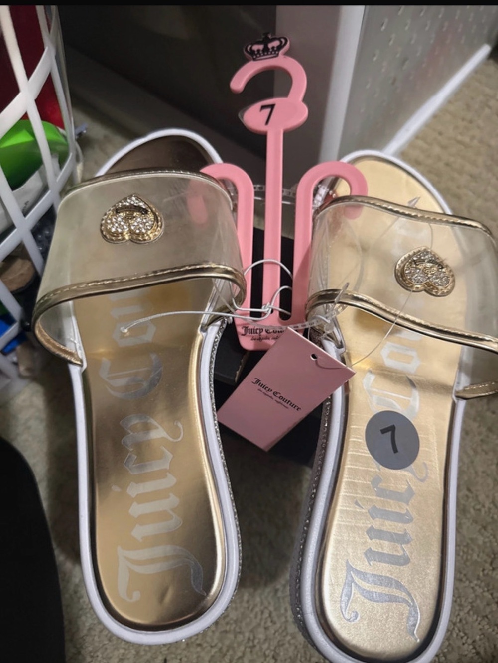 Juicy Couture Gold Clear Slide Sandals with Sparkle Heart